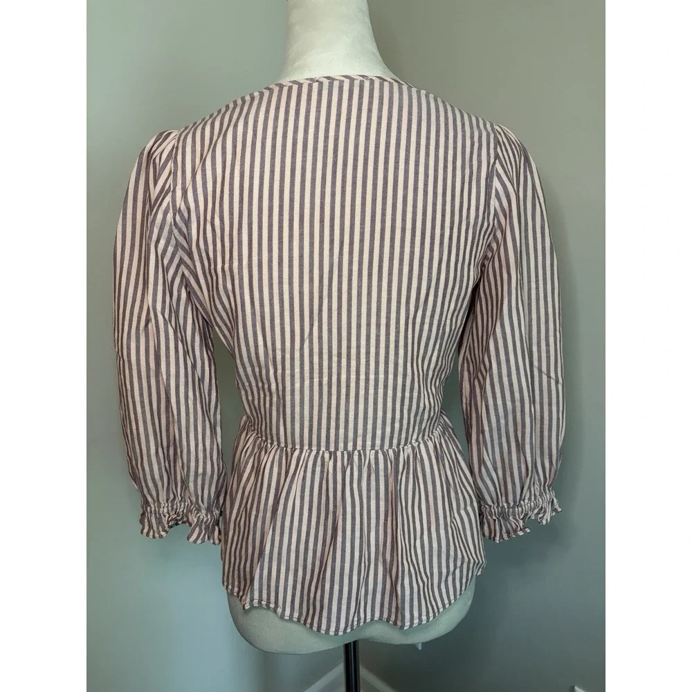 Madewell Pink Stripe Wrap Blouse Sweet Tulip Top 3/4 Puff Sleeve Tie Waist XS